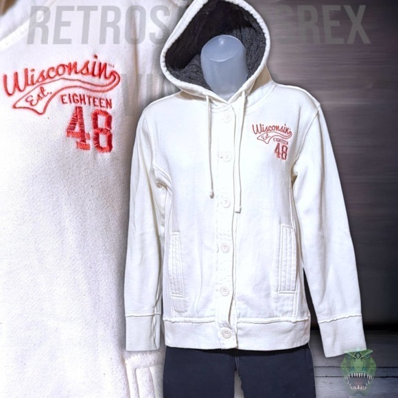 𝅺wisconsin Badgers Embroidered Cable Knit Hoodie Button Cardigan Sweater Small - Picture 1 of 7